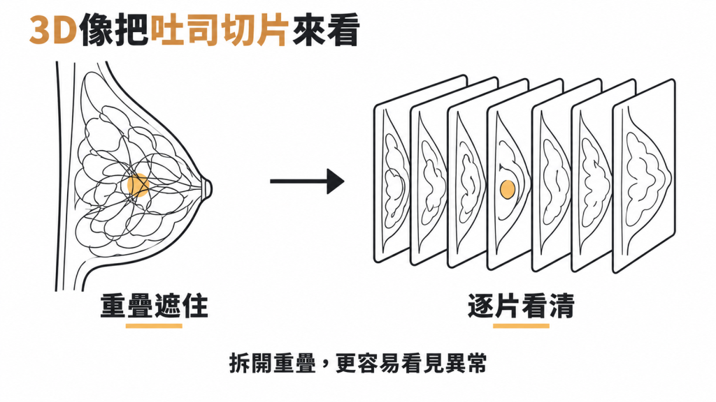 示意圖：X 光從多個角度拍攝乳房，重組成一疊薄切面，旁邊以切片吐司比喻，吐司裡的葡萄乾代表被找出的小腫瘤。
