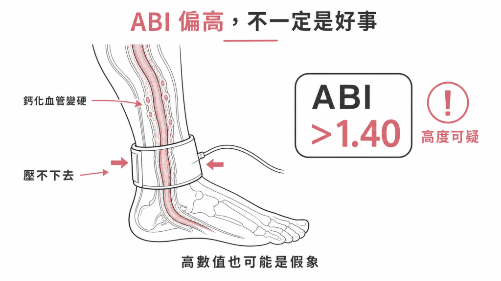 動脈鈣化讓血管壓不下去，ABI 大於 1.40 是高度可疑鈣化而不是血管健康