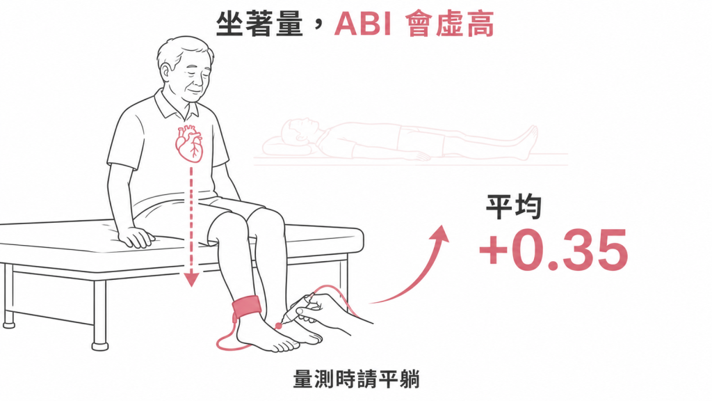 坐著量 ABI 平均比躺著量高出 0.35，量測時應平躺並讓頭與腳跟有支撐