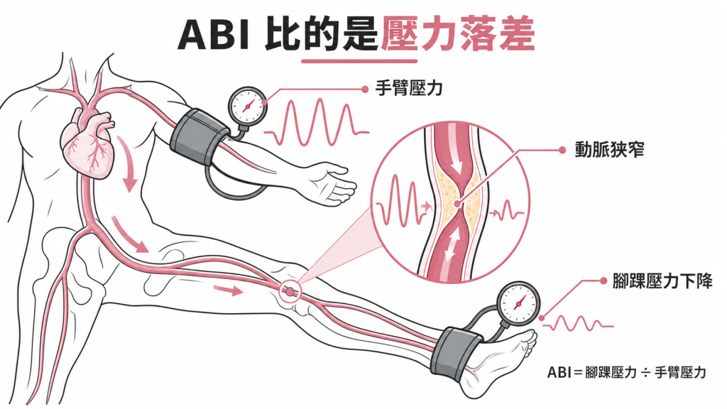 ABI 是腳踝血壓除以手臂血壓，腿部動脈狹窄會讓腳踝壓力下降、比值跟著變低