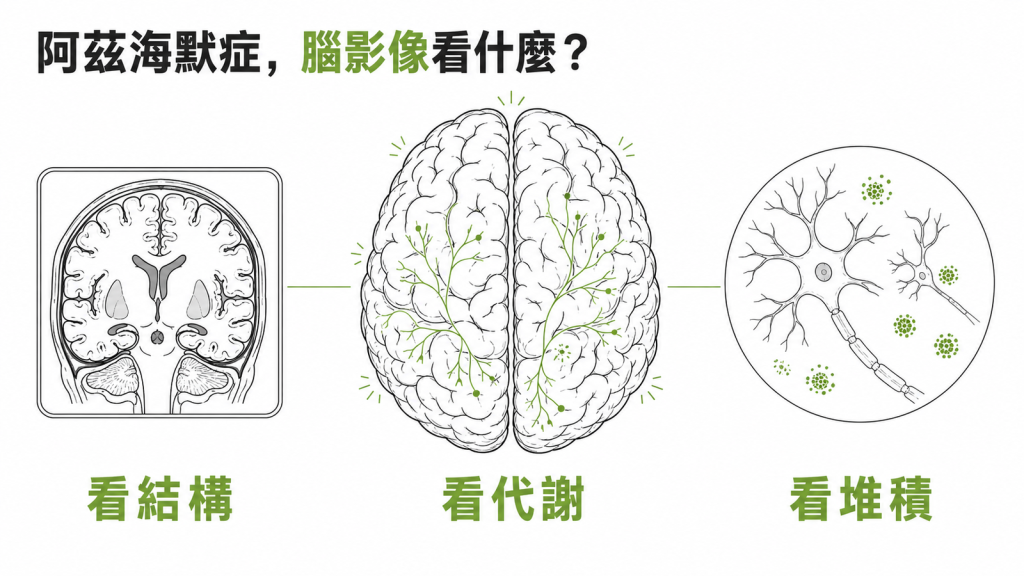 阿茲海默症腦部影像檢查三種角度:結構性 MRI 看結構、FDG-PET 看代謝、類澱粉 PET 看堆積
