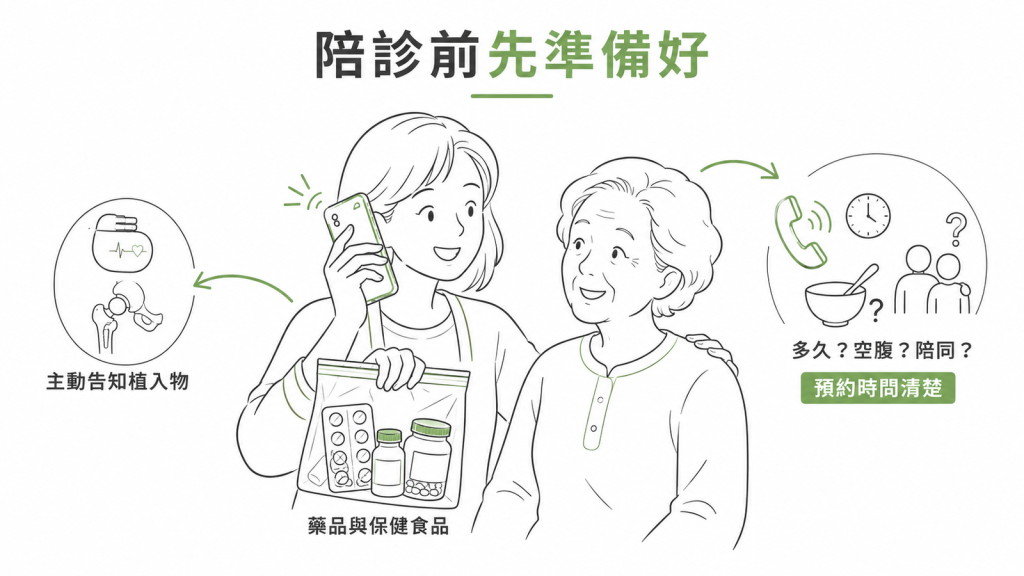 陪家人做腦部檢查前的準備:帶著在吃的藥與保健食品、主動告知體內金屬植入物、預約時問清楚流程