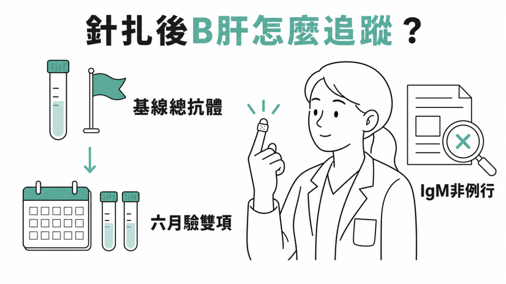 針扎後 B 型肝炎核心抗體追蹤流程:基線驗 total anti-HBc,約六個月再驗 HBsAg 與 total anti-HBc,IgM 不列入例行追蹤