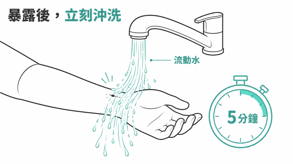 針扎當下第一步:在流動水下沖洗傷口五分鐘,接著依機構內流程通報