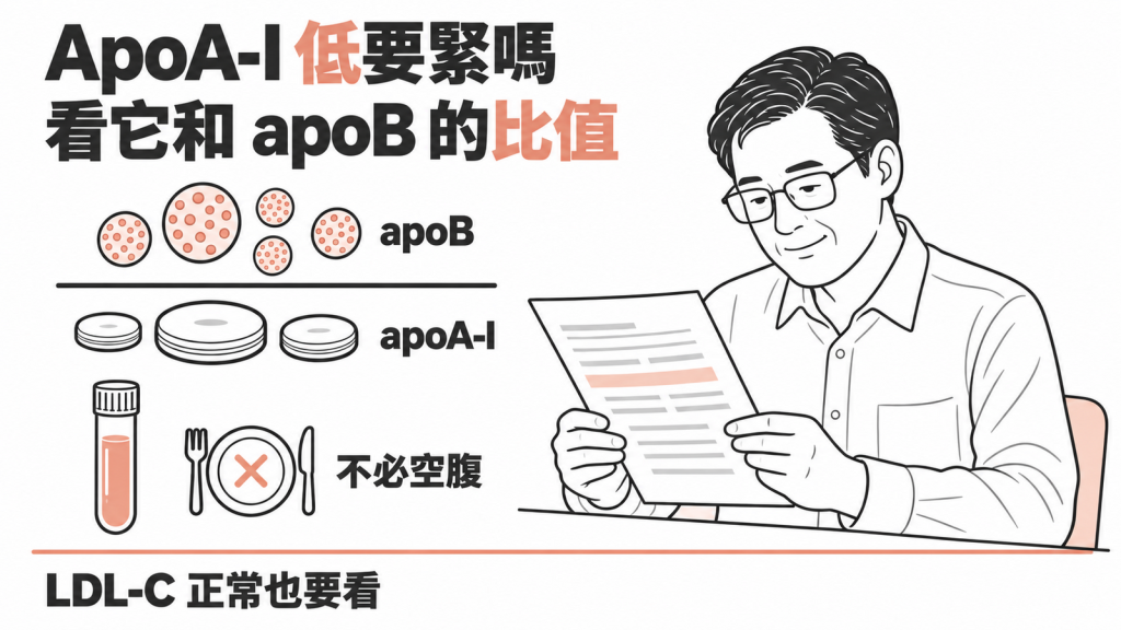 資訊圖表:ApoA-I 低要緊嗎,看它和 apoB 的比值;apoB 顆粒數多、apoA-I 為碟狀顆粒,兩項抽血不必空腹