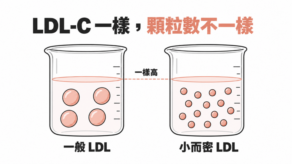兩個燒杯液面同高,左杯四顆大顆粒代表一般 LDL,右杯許多小顆粒代表小而密 LDL,說明 LDL-C 相同時顆粒數可能差很多