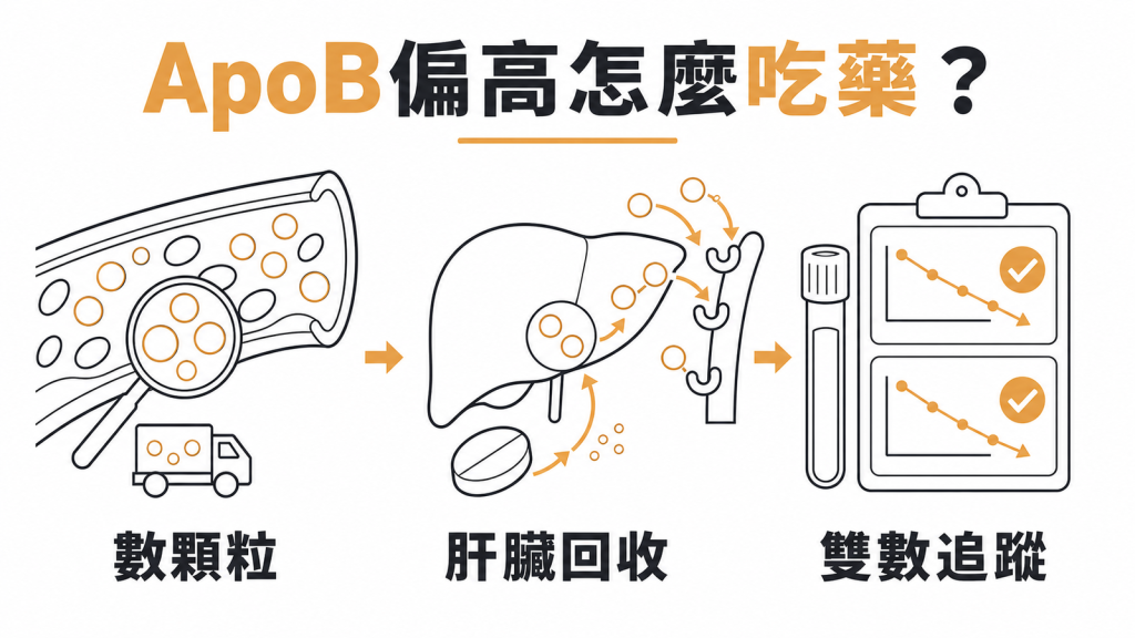 ApoB 偏高怎麼吃藥?降血脂藥從數顆粒、肝臟回收到抽血雙數追蹤的流程示意圖