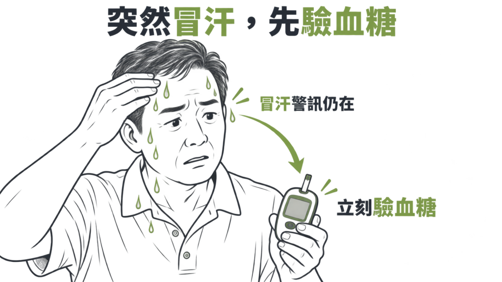 低血糖警訊示意圖:手抖與心悸的圖示被關成靜音,冒汗的圖示仍然亮著,旁邊提示立刻驗血糖