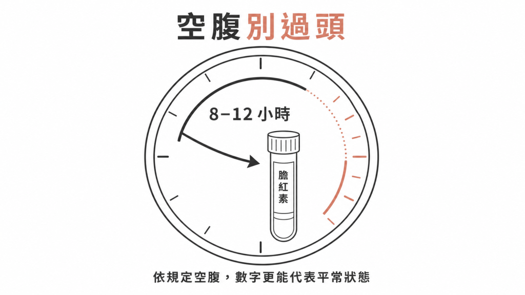 抽血前依規定空腹八到十二小時、不要額外延長,數字才能代表平常狀態的示意圖