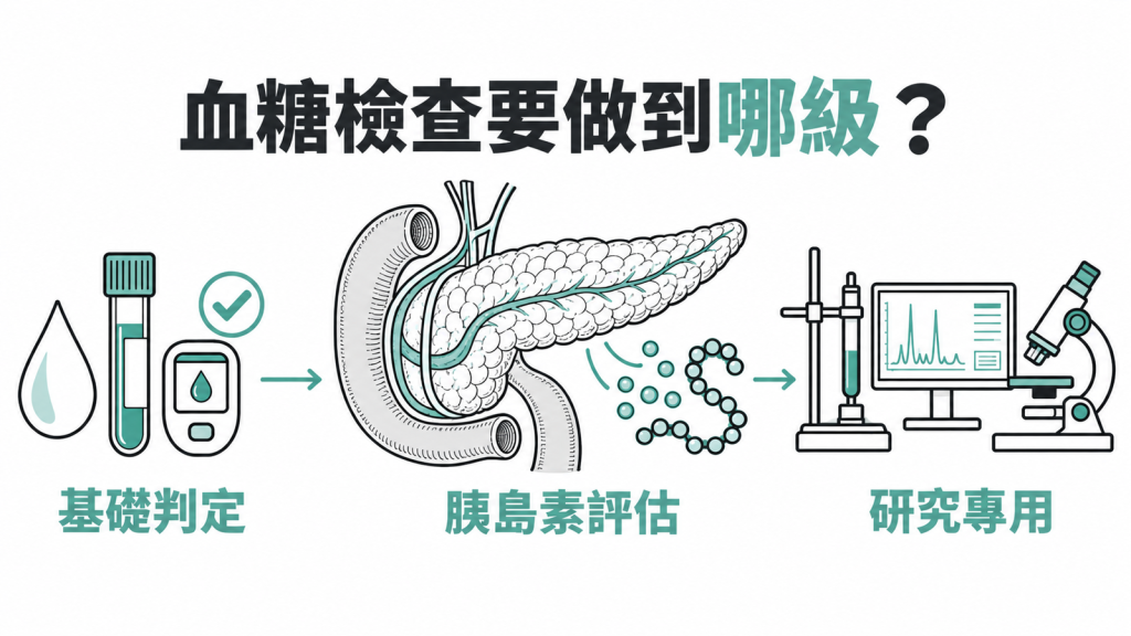 血糖檢查分級封面：空腹血糖與糖化血色素是基本款，HOMA-IR 與 OGTT 看胰島素，鉗夾試驗留給研究