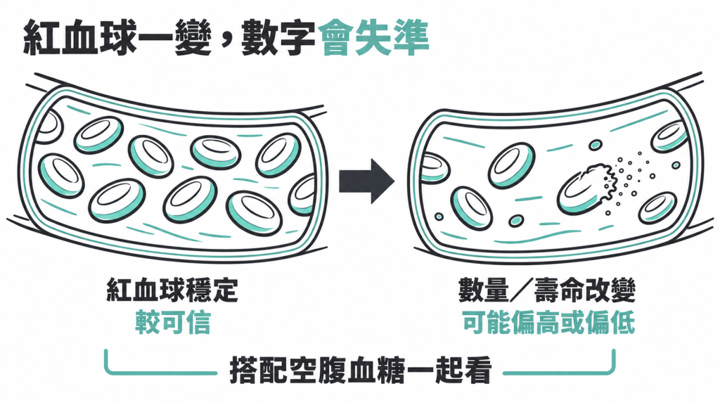 圖示清單列出血紅素病變、懷孕、HIV、近期輸血、缺鐵、洗腎與溶血性貧血等讓糖化血色素失準的情況