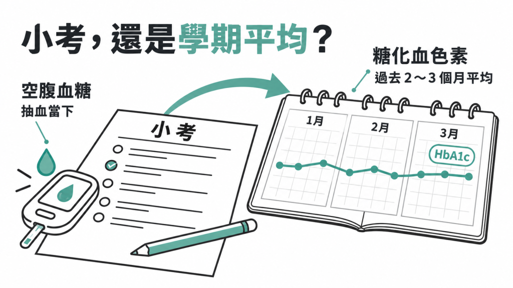 左右對照圖，左邊的單次小考代表空腹血糖，右邊的三個月成績曲線代表糖化血色素