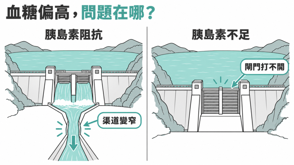 水庫示意圖，水位代表血糖、閘門代表胰島素，對照胰島素阻抗與分泌不足兩種血糖偏高的狀況