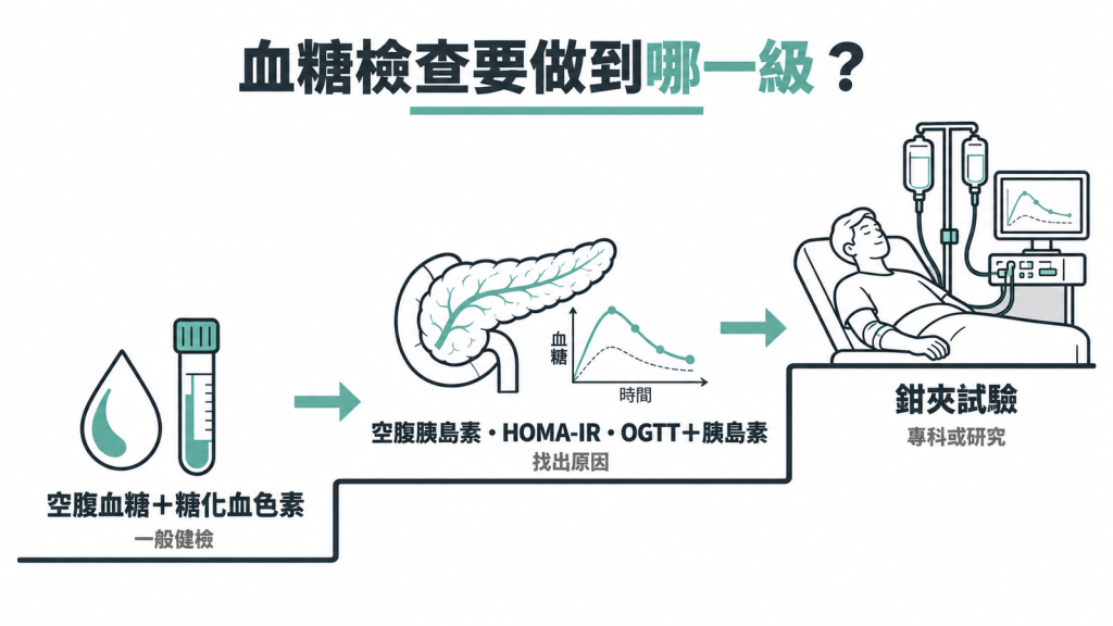 三層階梯圖，由下而上是第一級基本血糖檢查、第二級胰島素阻抗評估、第三級研究用的鉗夾試驗