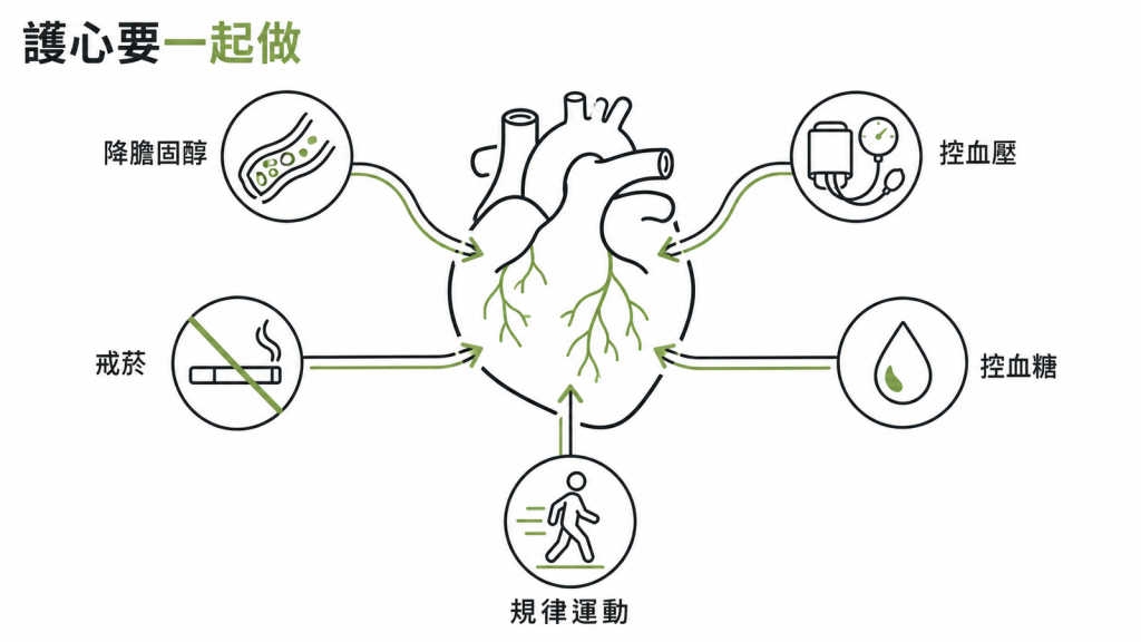 降膽固醇之外,控血壓、戒菸、控血糖與規律運動要同時進行,一起保護心臟血管