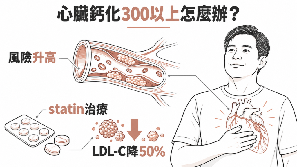 心臟鈣化分數 300 以上怎麼辦:風險升高、statin 治療、LDL-C 至少降 50% 的資訊圖