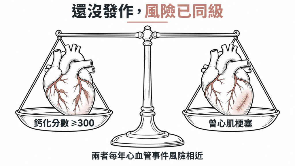 鈣化分數 300 以上的人,每年心血管事件風險和曾心肌梗塞的人相近