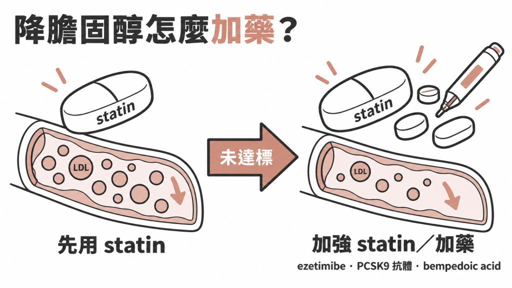 降膽固醇先用 statin,未達標再加強 statin 或加 ezetimibe、PCSK9 抗體、bempedoic acid