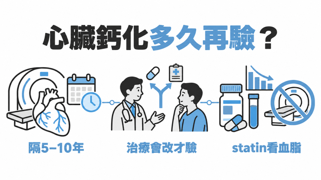 心臟鈣化分數多久再驗:0 分隔 5 到 10 年、治療會改變才驗、吃 statin 後看血脂的資訊圖