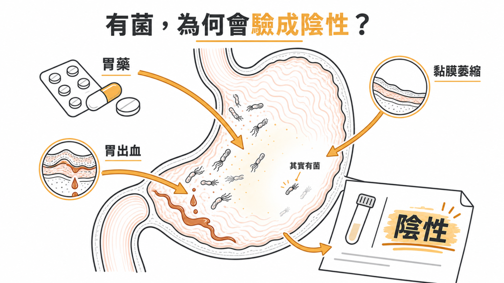 胃藥、胃出血與黏膜萎縮讓幽門桿菌檢測驗成偽陰性的示意圖