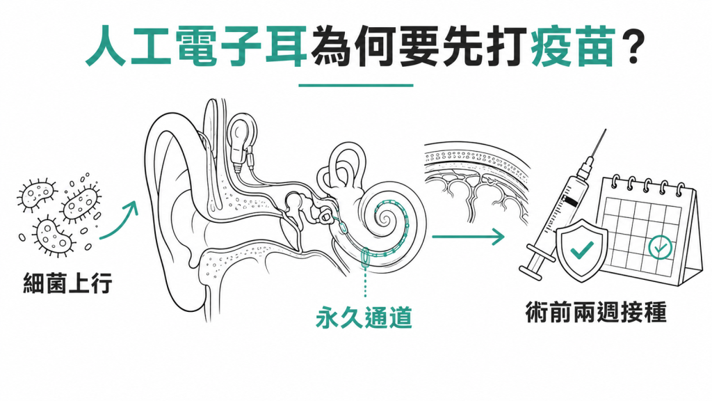 人工電子耳為何要先打肺炎鏈球菌疫苗：細菌上行、電極留下永久通道、術前兩週接種