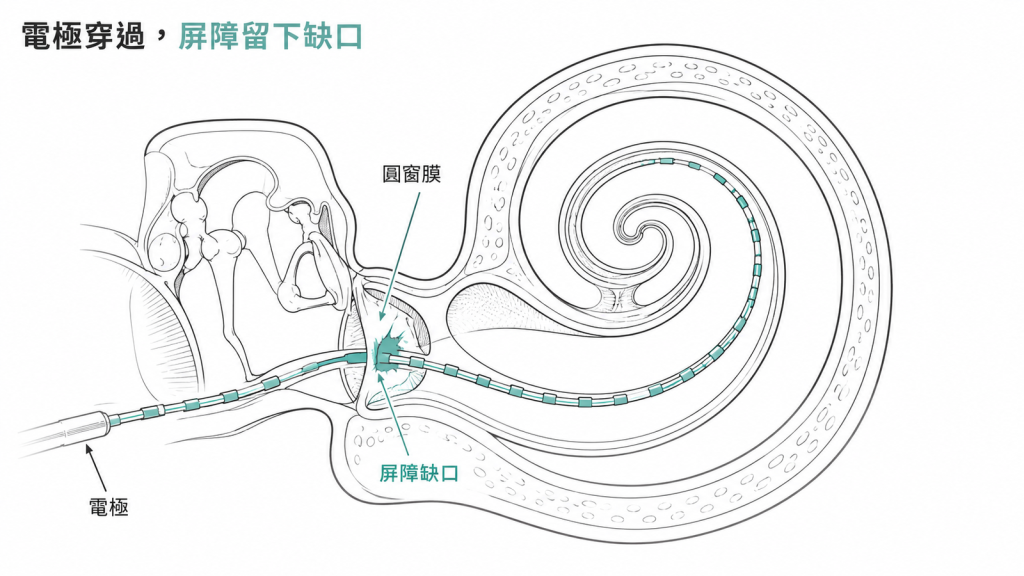 人工電子耳電極經圓窗進入耳蝸，打斷圓窗膜屏障並留下永久缺口的剖面示意圖