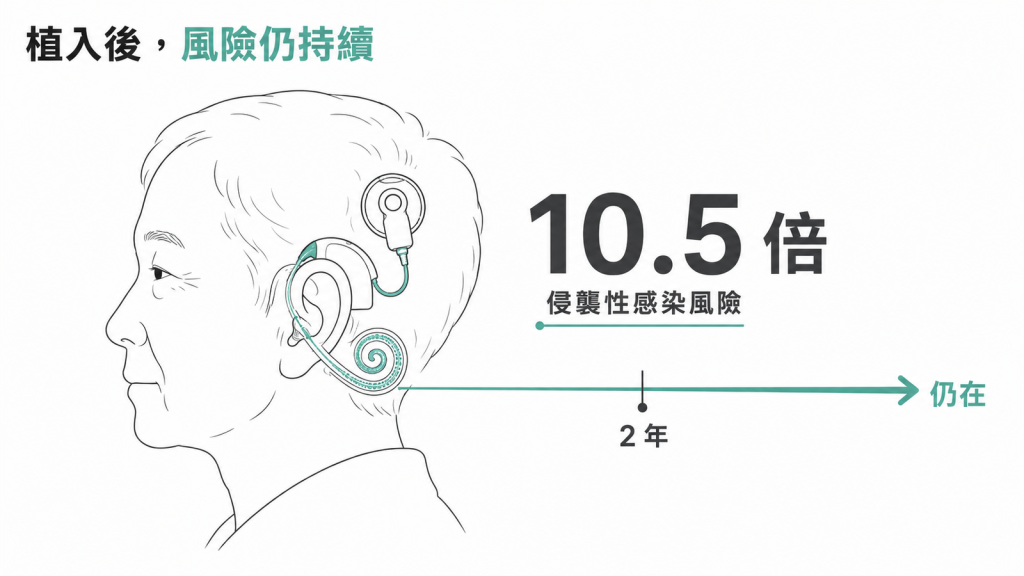 65 歲以上人工電子耳植入者侵襲性感染風險是一般人的 10.5 倍，植入 2 年後風險仍在