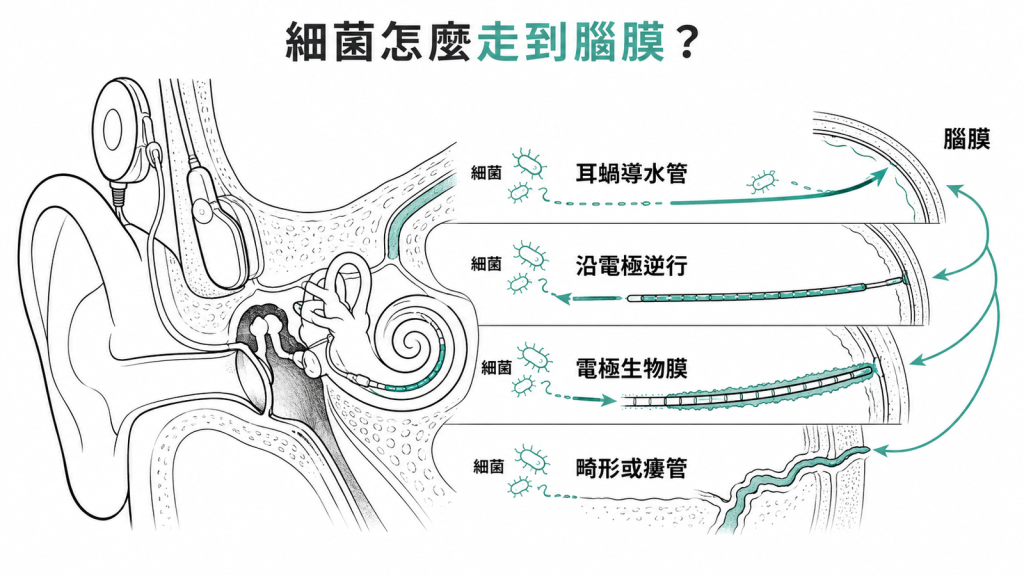 細菌到達腦膜的四條路徑：耳蝸導水管、沿電極逆行、電極生物膜、內耳畸形或瘻管