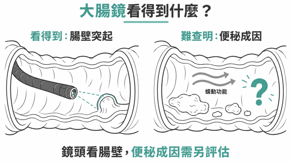 大腸鏡看得到腸壁上長了什麼，卻照不出便秘的成因，成因多半在神經、肌肉、水分與生活習慣