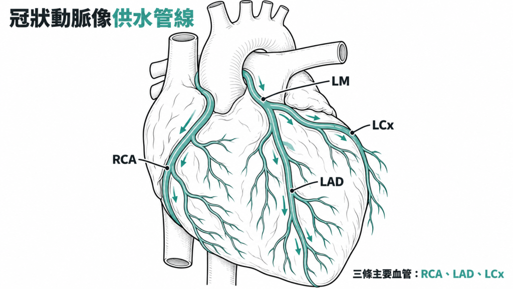 大樓供水管線對照冠狀動脈,左主幹分出左前降支與左迴旋支,右邊主幹為右冠狀動脈