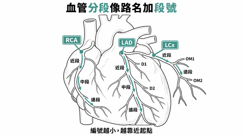 道路門牌對照血管分段,標出RCA與LAD的近中遠段、LCx的近遠段,以及D1與OM1分支