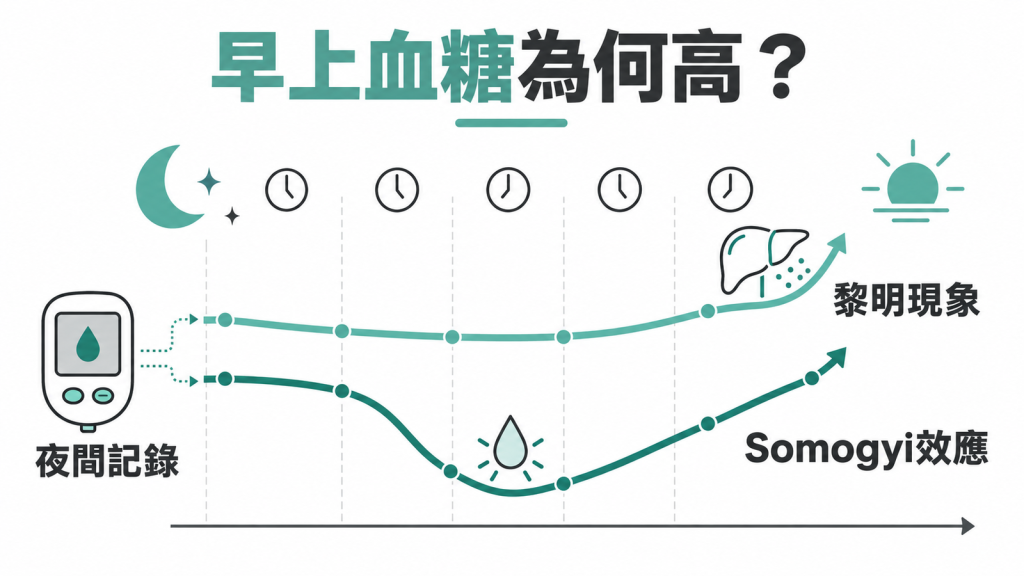 清晨空腹血糖偏高的衛教封面,說明黎明現象與 Somogyi 效應要先看夜間血糖走勢才能分辨,因為兩者的胰島素調整方向相反