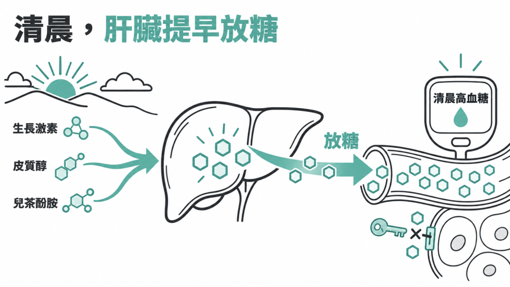 肝臟畫成糖倉,天亮前受荷爾蒙訊號提早加大出貨,葡萄糖流進血液,對照有無糖尿病時胰島素能不能把多出來的糖收掉