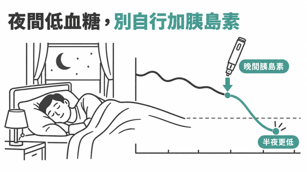 兩側對照圖:一側是嚴重黎明現象上升超過 100 mg/dL 的警訊,另一側是自行加打晚上胰島素,讓夜間低血糖掉得更低的風險