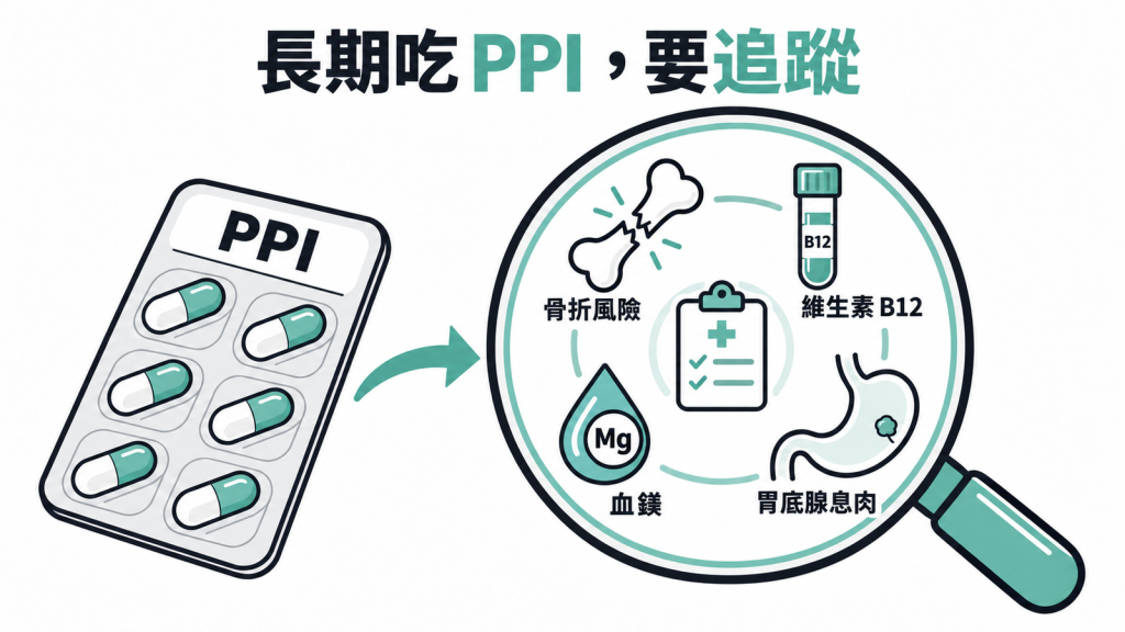 四格圖示分別代表骨折、維生素 B12 不足、低血鎂與胃底腺息肉,提醒長期服用 PPI 的人定期回診追蹤