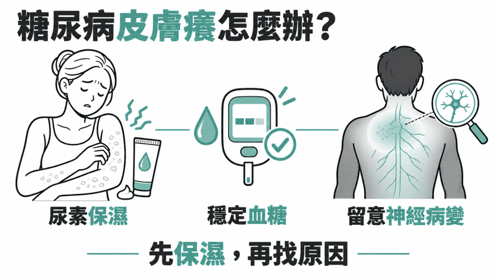 糖尿病皮膚癢衛教封面:第二型糖友 10 人約 3 到 4 人會癢,多與皮膚乾燥有關,背部莫名發癢可能是神經病變的訊號