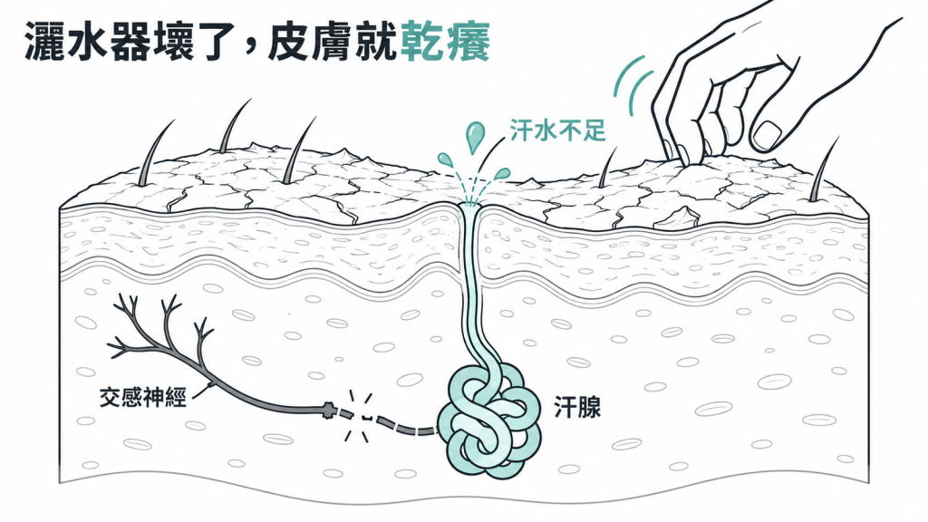 草皮自動灑水器時灑時不灑導致草皮乾裂,對照糖尿病患者流汗減少、皮膚乾燥發癢的比喻示意圖