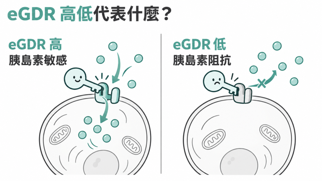 eGDR 高代表胰島素敏感、eGDR 低代表胰島素阻抗的對照示意圖