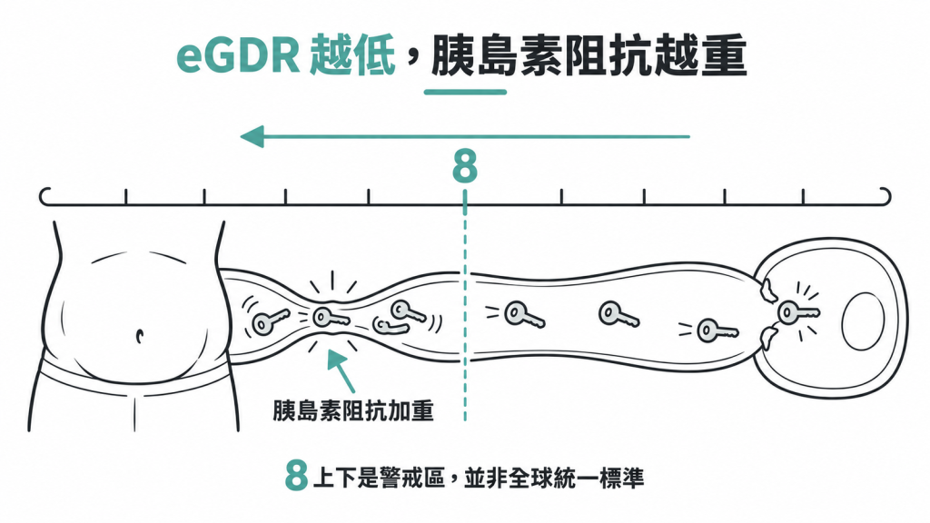 eGDR 研究切點落在 8 上下的刻度示意圖