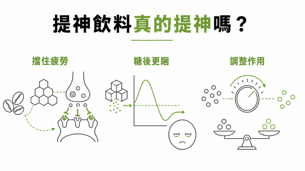 提神飲料三種成分的作用:咖啡因擋住疲勞訊號、糖讓人喝完更睏、牛磺酸只負責調整