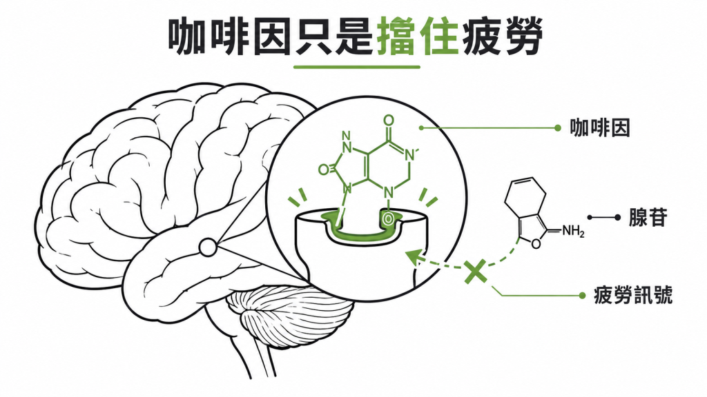 咖啡因卡住腦中的腺苷受體,擋住疲勞訊號,並沒有補充能量