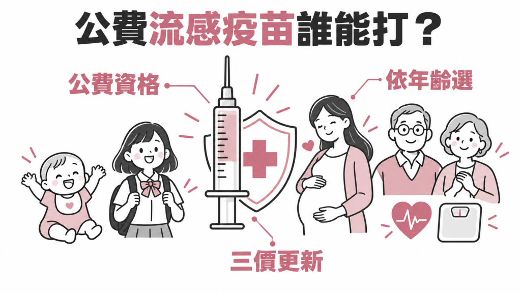 115 年度公費流感疫苗資格總覽:列出 9 類公費對象,並依年齡對照 7 支疫苗,全家人可以一次查清誰能打、該打哪一支