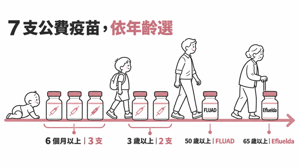 一條年齡軸依序標出 6 個月、3 歲、50 歲、65 歲四個分段,每段列出該年齡可以選用的公費流感疫苗品項