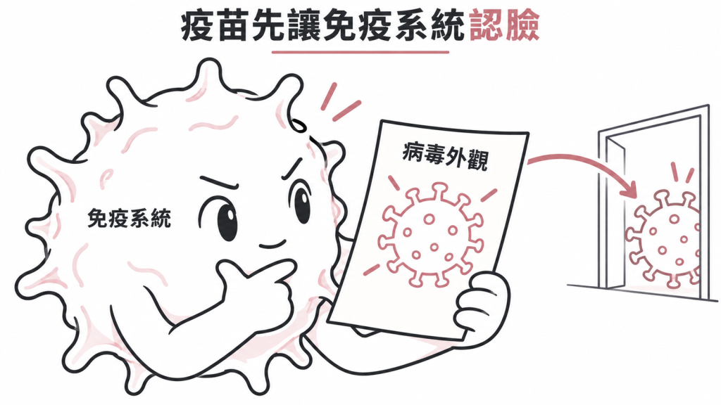 免疫細胞正在看一張印著流感病毒長相的通緝海報,旁邊註明疫苗只含抗原、不含活病毒,打了不會感染流感