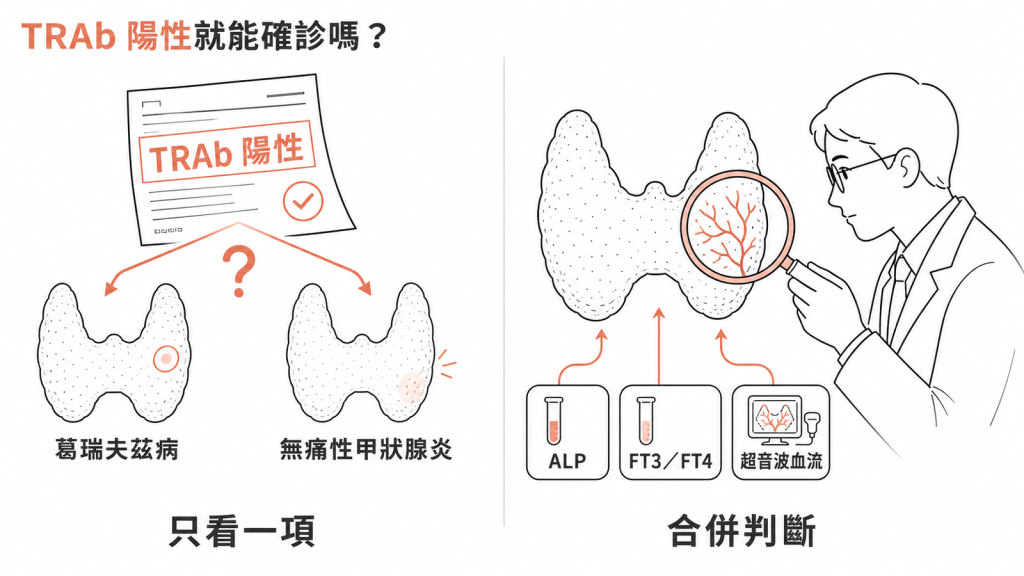 TRAb 陽性偶爾出現在無痛性甲狀腺炎，要合併 ALP、FT3 對 FT4 比值與超音波血流一起判斷