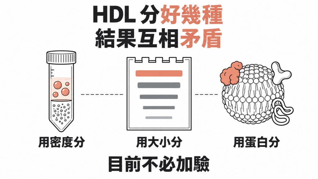 資訊圖表:HDL 分好幾種、結果互相矛盾;離心管代表用密度分、電泳膠代表用大小分、帶蛋白的顆粒代表用蛋白分,目前不必加驗