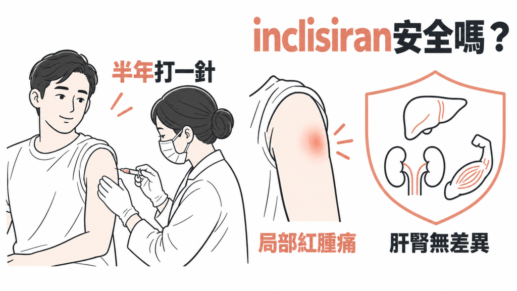 inclisiran 降膽固醇針劑安全性示意圖:半年打一針、局部紅腫痛、肝腎與肌肉指標與安慰劑無差異