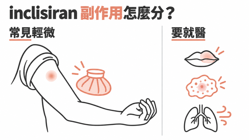 inclisiran 副作用分兩類:常見輕微的打針處紅腫,與少見但要立刻就醫的全身過敏警訊