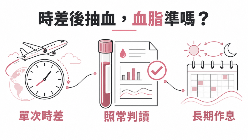 時差回來抽血血脂準不準的資訊圖:一次時差對報告影響小,長期作息錯亂才會推高血脂