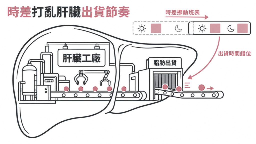 肝臟像一間照日夜班表出貨的工廠,時差等於把班表整張挪動,脂肪合成與出貨時段對不起來